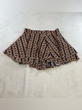 Poema Tiered Ruffle Geometric Mini Skort Navy Orange Tan Medium